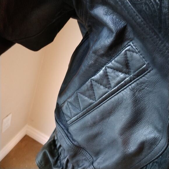 Y2K Bomber Jacket Sz M Black Texture Leather Patchwork Moto Collect VNT 80s - Picture 13 of 16